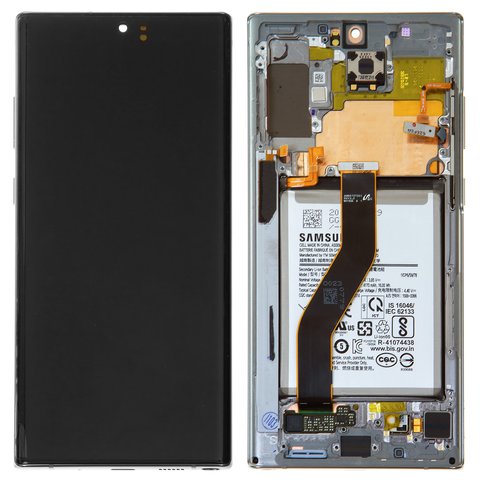 Дисплей для Samsung N975F Galaxy Note 10 Plus, серебристый, с рамкой, с аккумулятором, Original, сервисная упаковка, aura glow, #GH82 20900C GH82 20838C