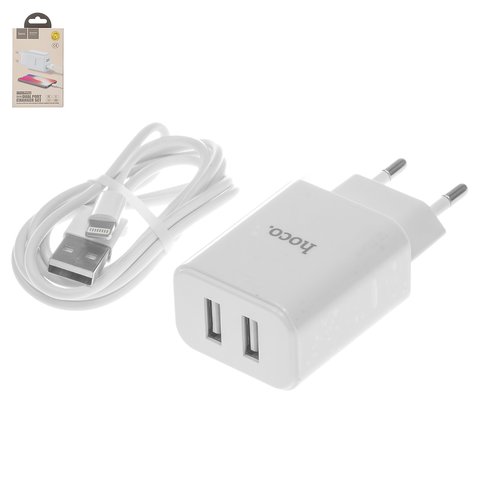 Mains Charger Hoco C62A, 10.5 W, white, with Lightning cable for Apple, 2 outputs  #6957531095002