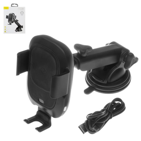Car Holder Baseus BSWC C02, black, suction cup, sliding, automatic clamping, with wireless charger, with micro USB cable Type B, 10 W, 2 A  #WXZN B01