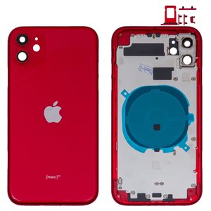 Housing compatible with iPhone 11, red, with SIM card holders, with side buttons 