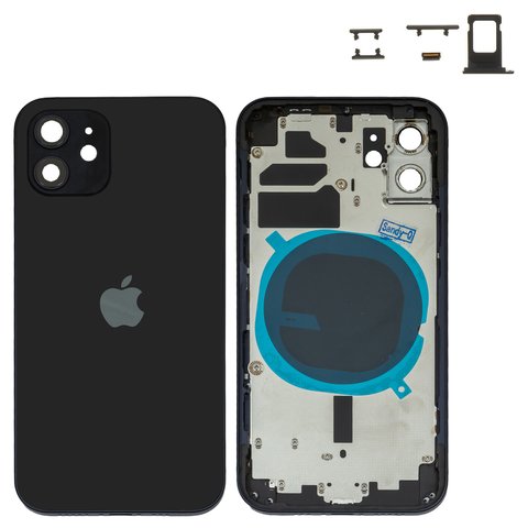 Housing compatible with iPhone 12, black, with SIM card holders, with side buttons 