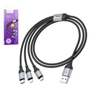 Cable USB Hoco X102, USB tipo A, USB tipo C, micro USB tipo B, Lightning, 100 cm, 2.4 A, negro, con revestimiento de nylon, 3 en 1, #5942007608794