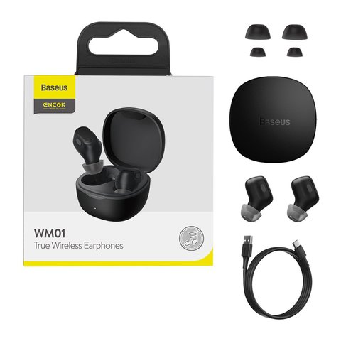 Headphone Baseus WM01, wireless, vacuum, black, with charging case  #NGTW240001 NGWM01 01