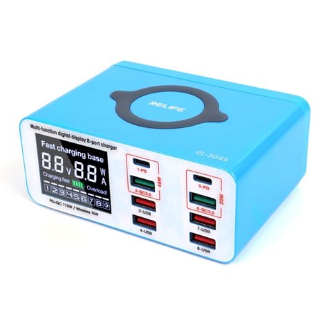 Adaptador de red RELIFE RL 304S, 110 W, Quick Charge, Power Delivery PD , con cargador inalámbrico, 8 puertos